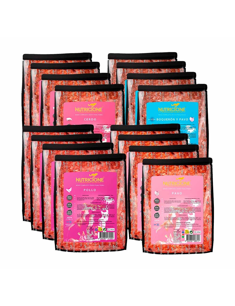 Pack Iniciación Dieta BARF Menús Completos - 4 Tipos (16 uds. - 500g/ud)